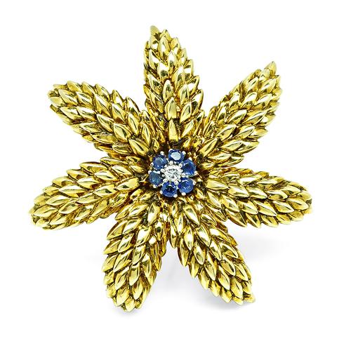 Round Cut Diamond and Sapphire 18k Yellow Gold Flower Pin by Tiffany & Co