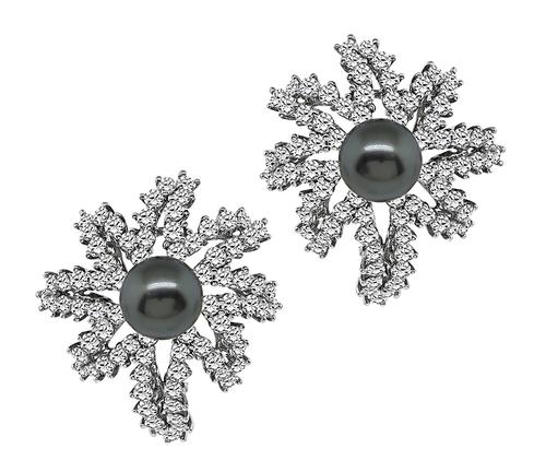 Black Pearl Round Cut Diamond Platinum Fireworks Earrings by Tiffany & Co