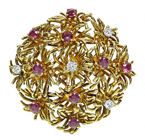 Vintage Round Cut Diamond and Ruby 18k Yellow Gold Brooch by Tiffany & Co