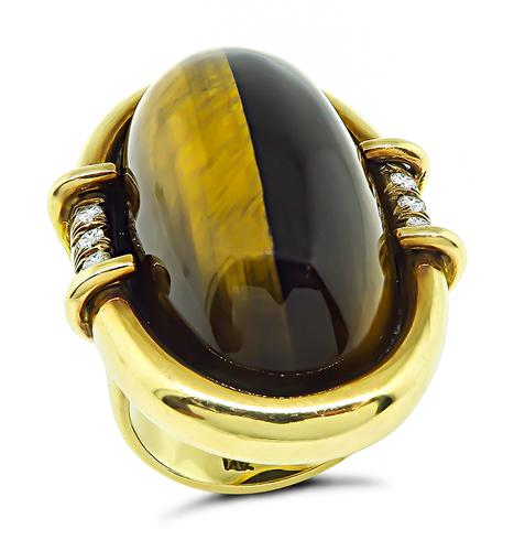 1970s Cabochon Tiger's Eye Round Cut Diamond 14k Yellow Gold Ring