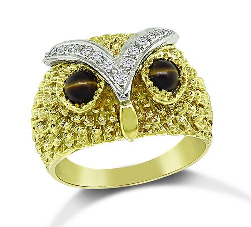 Cabochon Tiger's Eye Diamond 18k Yellow Gold Owl Ring