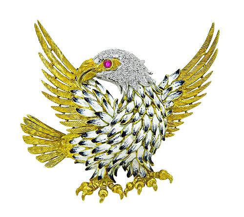 1960s Round Cut Diamond Enamel 18k Yellow and White Gold Eagle Pin by Toliro