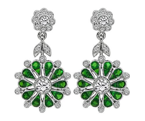 Trilliant and Half Moon Cut Tsavorite Round Cut Diamond 18k White Gold Earrings