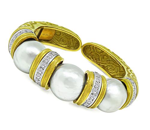 Round Cut Diamond Mabe Pearl 18k Yellow and White Gold Bangle by Winc