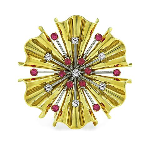 Vintage Round Cut Ruby Old European Cut Diamond 14k Yellow and White Gold Pin