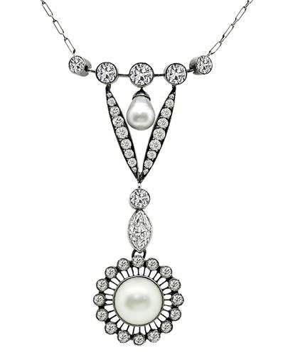 Vintage Marquise and Old Mine Cut Diamond Pearl Silver and Gold Pendant Necklace