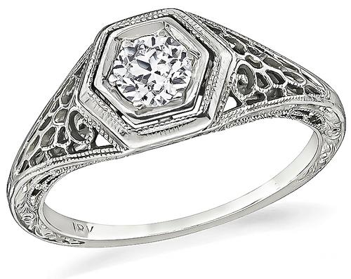 Edwardian Old Mine Cut Diamond 18k White Gold Engagement Ring