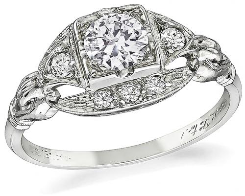 Art Deco Old Mine Diamond 18k White Gold Engagement Ring