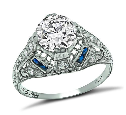 Art Deco Old European Cut Diamond Sapphire Platinum Engagement Ring