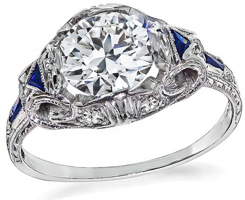 Art Deco Round Brilliant Cut Diamond Sapphire Platinum Engagement Ring