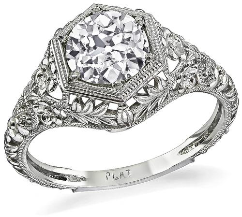 Estate Old Mine Cut Diamond Platinum Engagement Ring