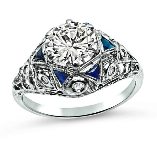 Art Deco Round Cut Diamond Sapphire Platinum Engagement Ring