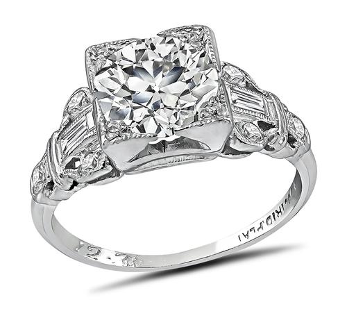 Art Deco Old Mine Cut Diamond Platinum Engagement Ring