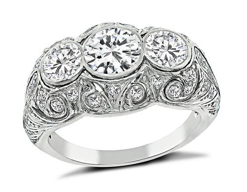 Art Deco 0.80ct Round Cut Center Diamond 0.80ct Side Diamond Platinum Ring