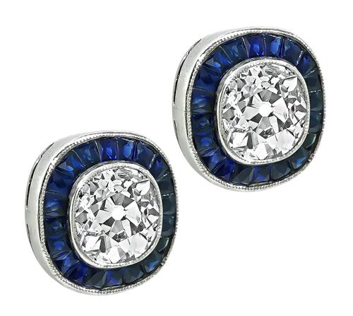 Cushion Cut Diamond French Cut Sapphire Platinum Stud Earrings