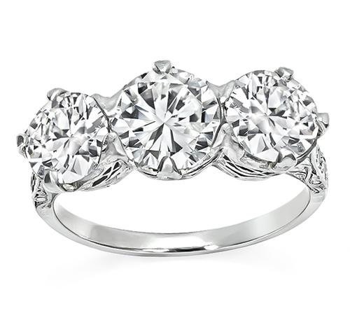 Vintage Round Cut Diamond 14k White Gold Three Stone Ring