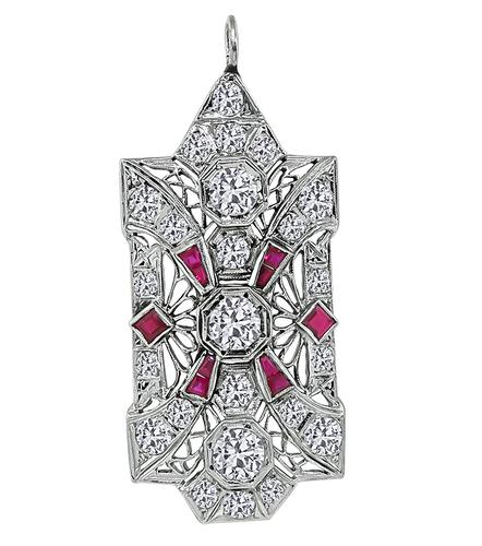 Art Deco Old European Cut Diamond Ruby 14k White Gold Pendant / Pin