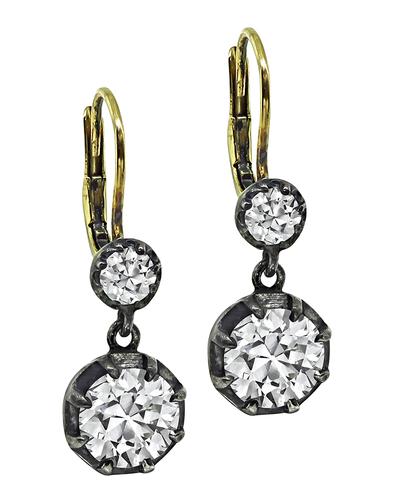 Victorian Old Mine Cut Diamond Silver and Gold Earrings