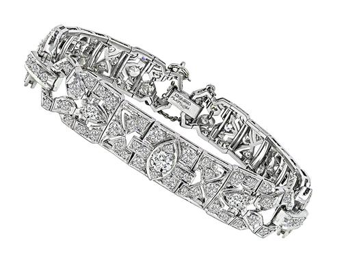 Art Deco Old Mine and Round Cut Diamond Platinum Bracelet