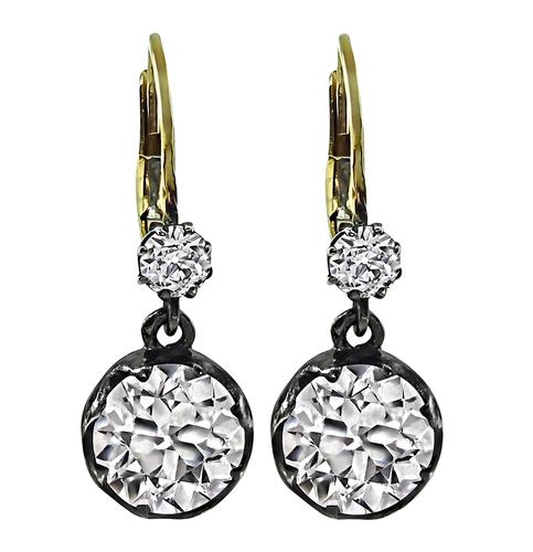 Vintage Old Mine Cut Diamond Silver and 14k Yellow Gold Earrings