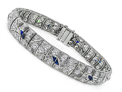 Art Deco Old Mine Cut Diamond Sapphire Platinum Bracelet