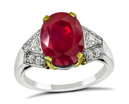 Vintage Oval Cut Burmese Ruby Diamond Platinum Engagement Ring