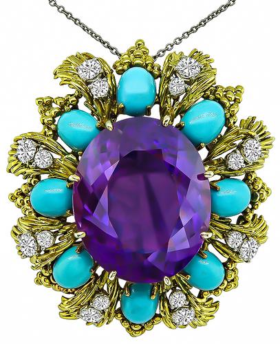 1960s Oval Cut Amethyst Round Cut Diamond Cabochon Turquoise 18k Yellow Gold Pin/Pendant