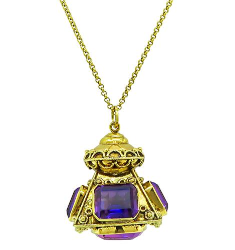 Vintage Emerald and Cushion Cut Amethyst 18k Yellow Gold Lantern Pendant Necklace