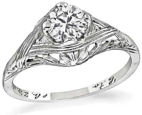 Art Deco Old Mine Cut Diamond 18k White Gold Engagement Ring