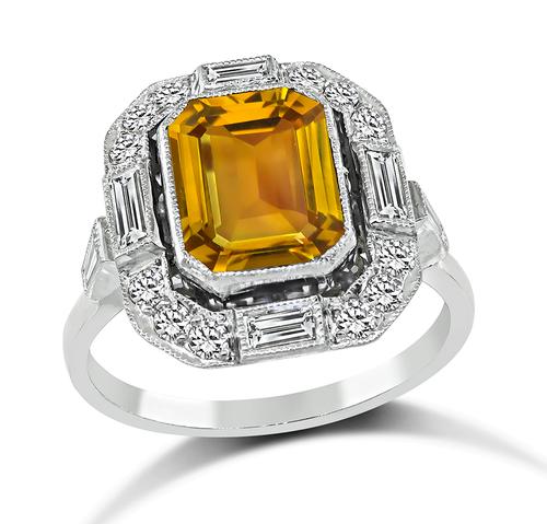 Art Deco Emerald Cut Citrine Round and Baguette Cut Diamond Platinum Ring