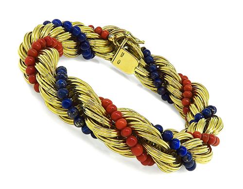 1960s 18k Yellow Gold Coral Lapis Bracelet