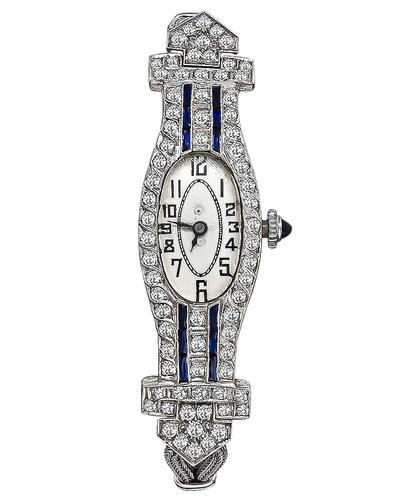 Art Deco Round Cut Diamond Sapphire Platinum Swiss Watch