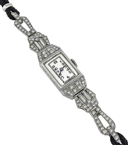 Art Deco Round and Baguette Cut Diamond Platinum Watch