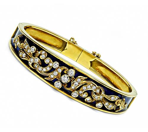 1960s Round Cut Diamond 18k Yellow Gold Bangle