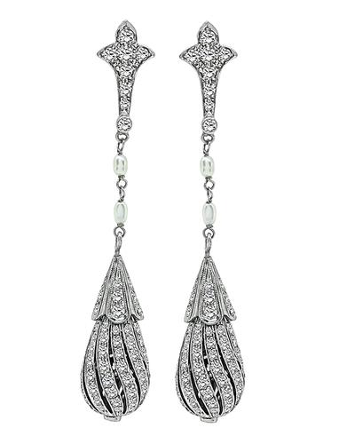 Vintage Round Cut Diamond Pearl Platinum Drop Earrings