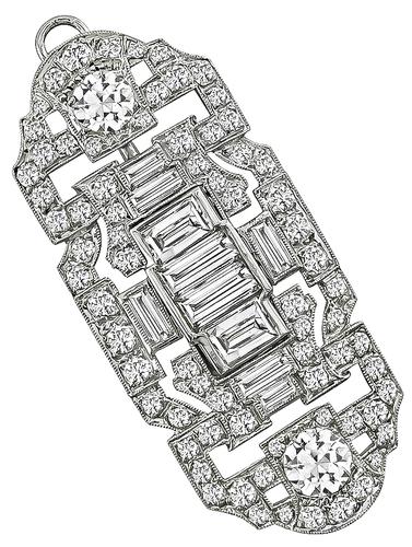 Art Deco Baguette and Old Mine Cut Diamond Platinum Pendant / Pin