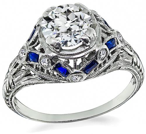 Art Deco Old Mine Cut Diamond Sapphire Platinum Engagement Ring