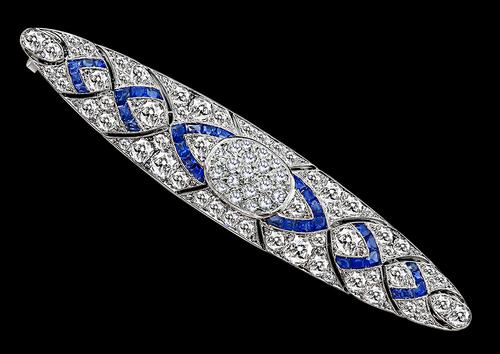 Vintage Old Mine and Round Cut Diamond French Cut Sapphire Platinum Pin
