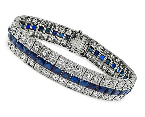 Vintage Old European Cut Diamond French Cut Sapphire Platinum Bracelet