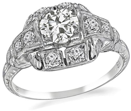 Art Deco Old European Cut Diamond 18k White Gold Engagement Ring