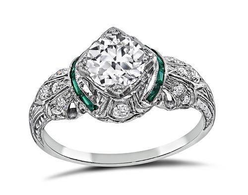 Vintage Old Mine Cut Diamond Emerald Platinum Engagement Ring