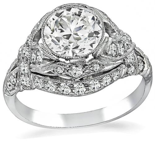 Art Deco European Cut Diamond 18k White Gold Engagement Ring