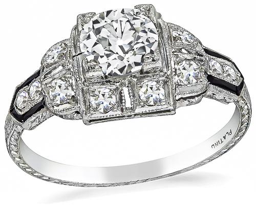 Art Deco Old European Cut Diamond Onyx Platinum Engagement Ring