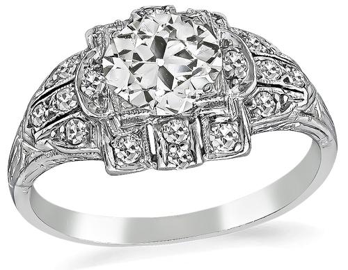 Art Deco Old Mine Cut Diamond Platinum Engagement Ring