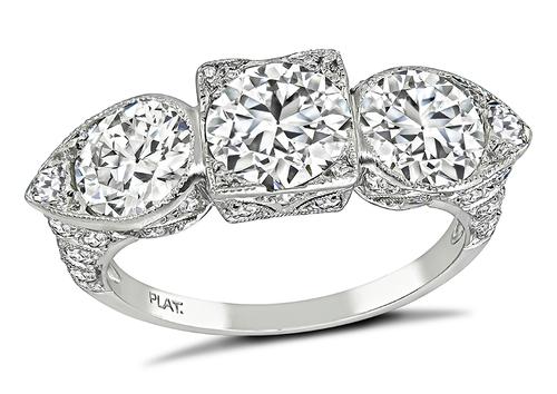 Art Deco European Cut Diamond Platinum Three Stone Ring