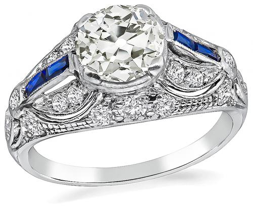 Art Deco Old European Cut Diamond Sapphire Platinum Engagement Ring