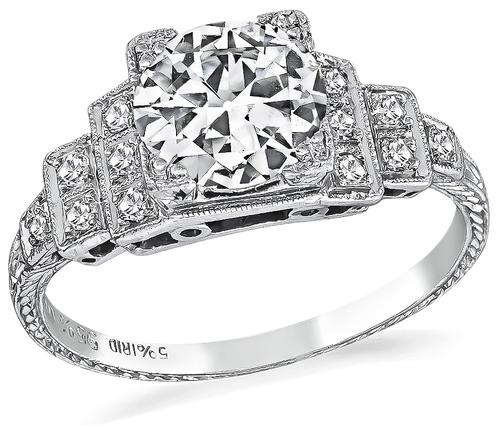 Art Deco Old Mine Cut Diamond Platinum Engagement Ring