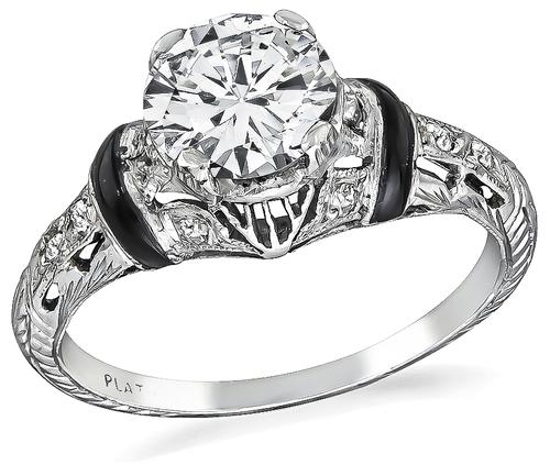 Vintage Round Brilliant Cut Diamond Onyx Platinum Engagement Ring