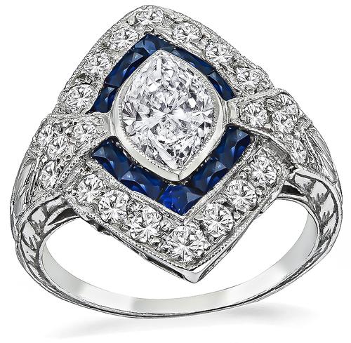 Art Deco Marquise Cut Diamond Sapphire Platinum Engagement Ring