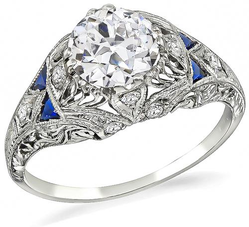 Art Deco Old European Cut Diamond Sapphire Platinum Engagement Ring